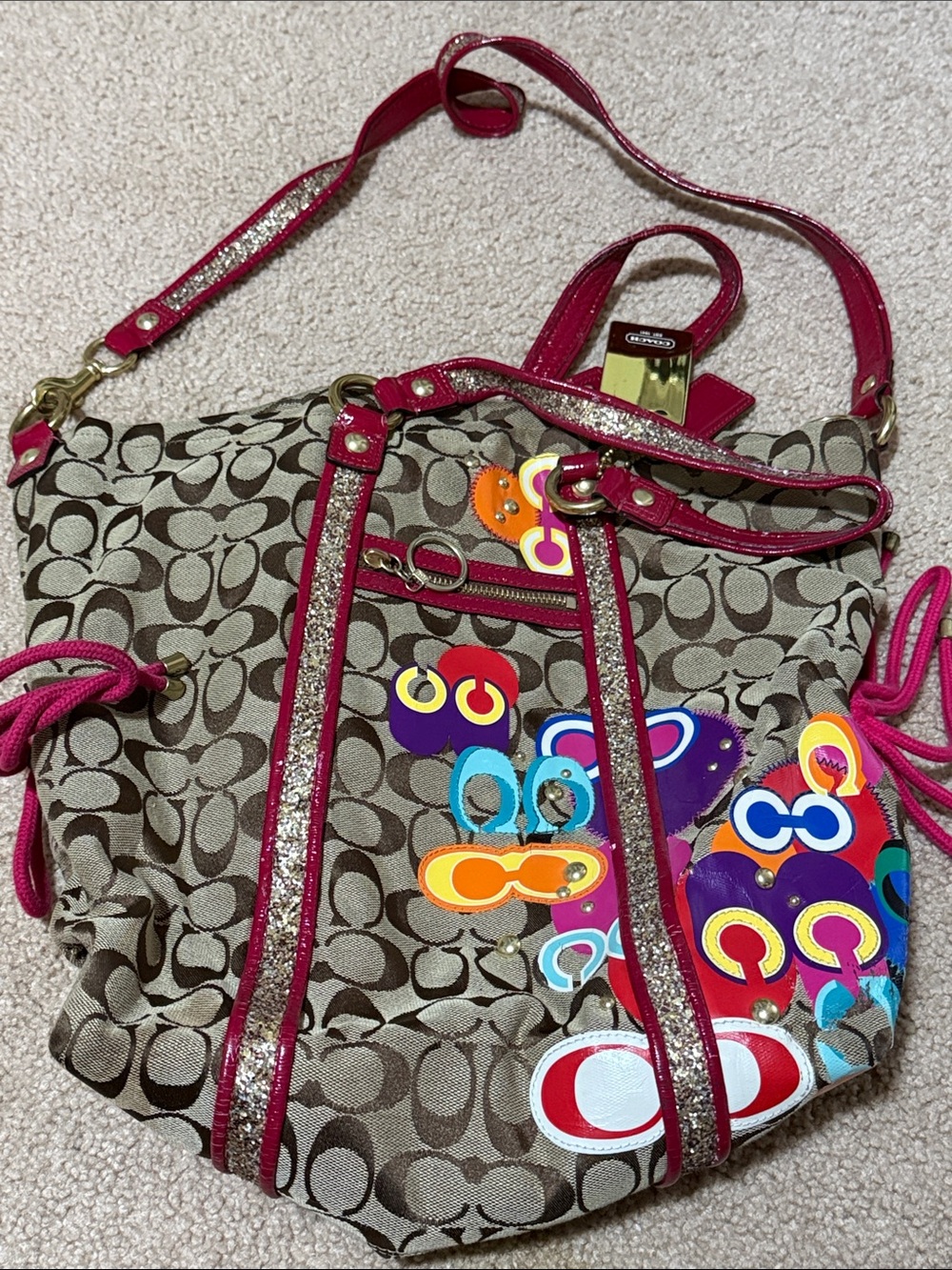 Coach Beige Signature Tote with Pink Trim and Multicolor Accents - Picture 2 of 8